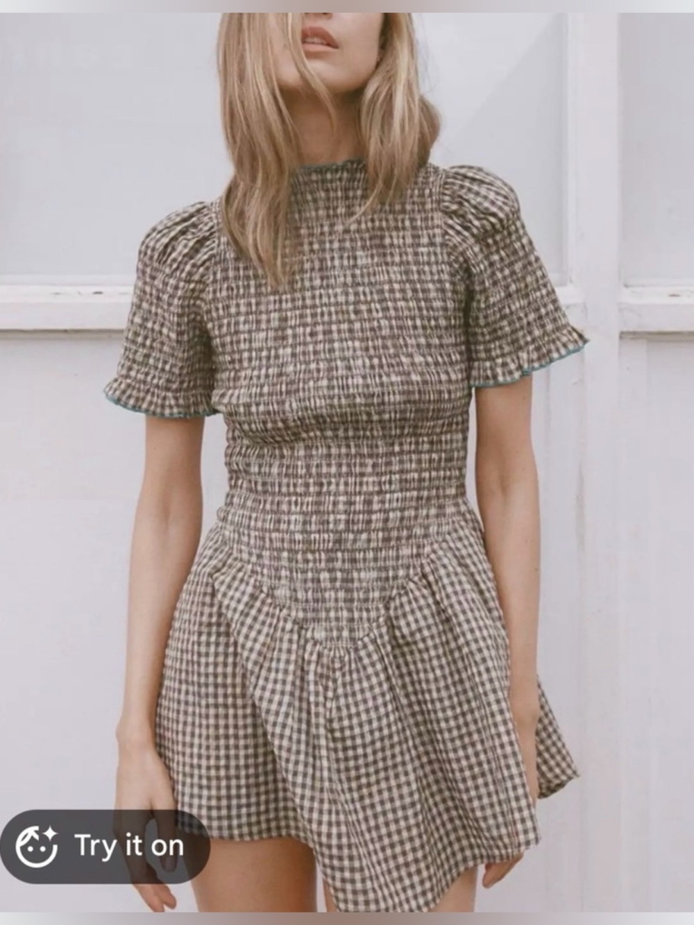APRES STUDIO Ruched Mini Dress in Biscuit Plaid Size 4 VGUC - Picture 4 of 8